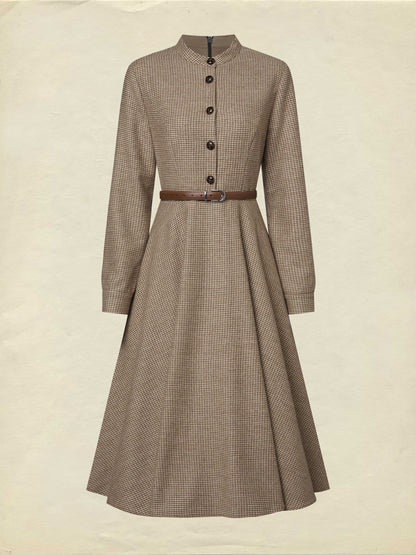 Robe Midi en Laine, Manches Longues, Col Montant, Pied-de-Poule, Boutonnée, Vintage, Marron
