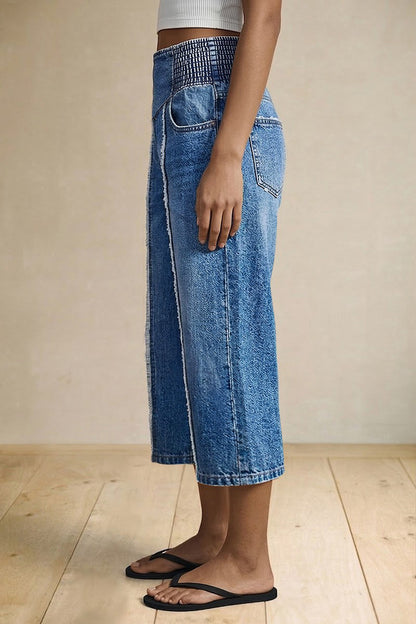 Raw Hem Elastic Mid Waist Straight Leg Capri Jeans