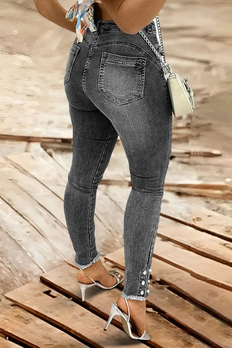 Pearl Button Side Raw Hem High Waist Skinny Jeans
