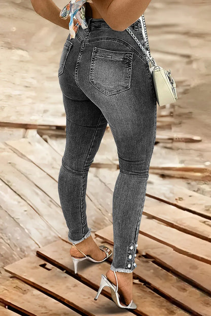 Pearl Button Side Raw Hem High Waist Skinny Jeans