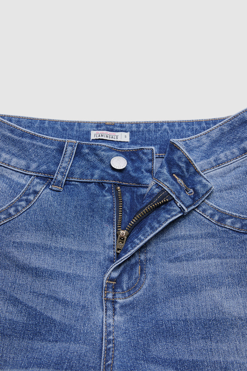 Ruffle Split Hem Pleated Mid Waist Wide Leg Jeans Without Belt
