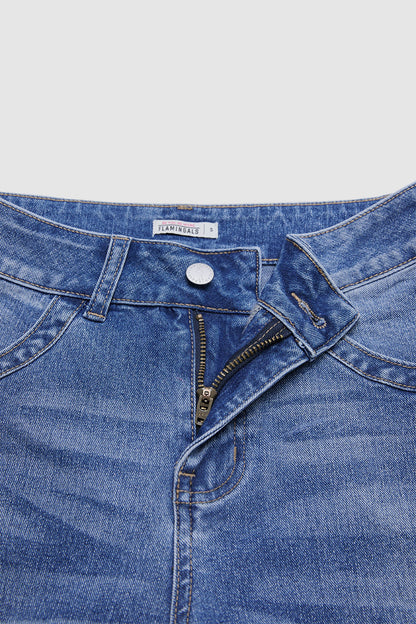 Ruffle Split Hem Pleated Mid Waist Wide Leg Jeans Without Belt