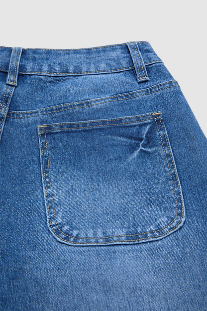 Wash Patch Pocket Split Hem High Rise Straight Leg Crop Jeans Without Belt