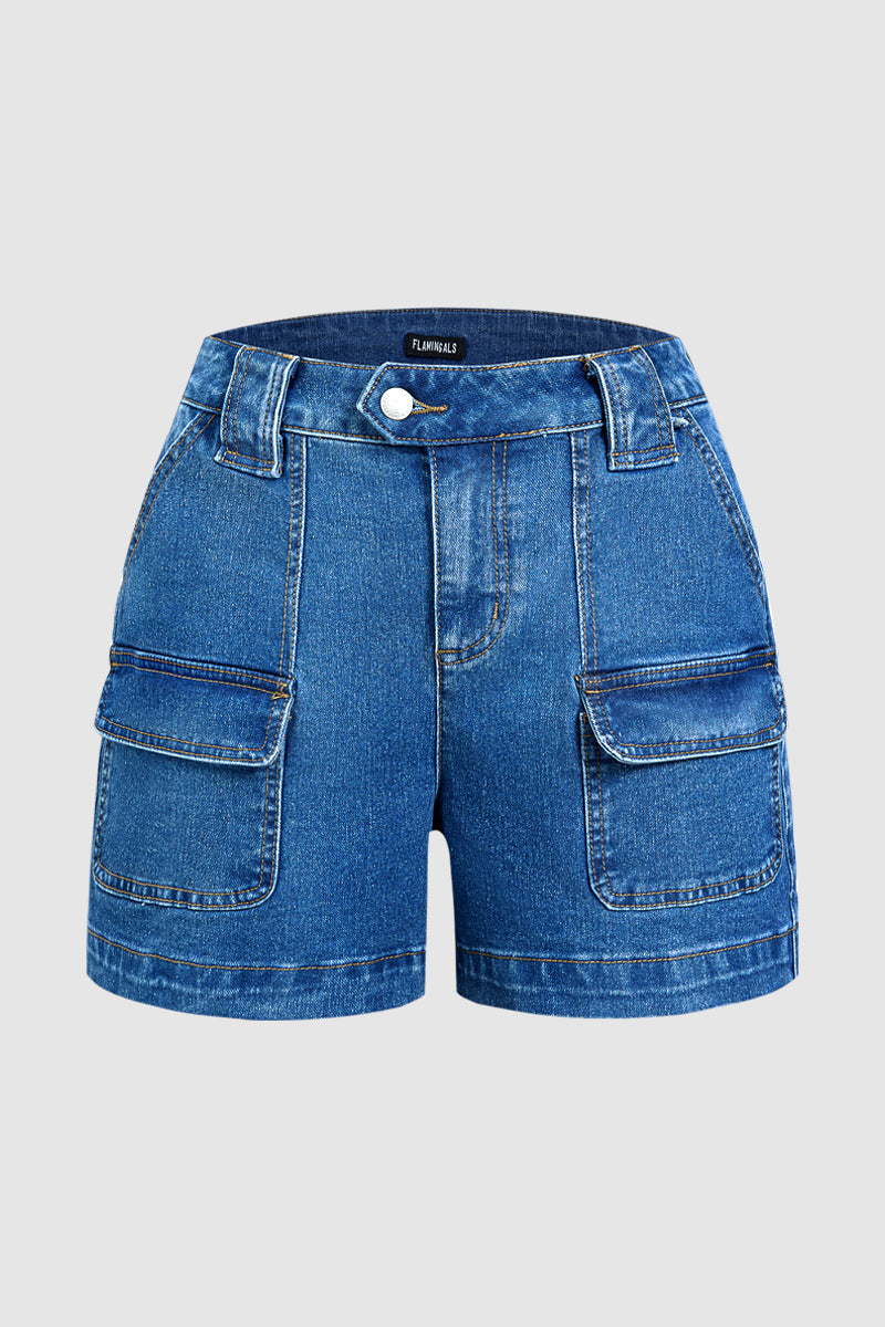 Wash Flap Pocket Mid Rise Denim Shorts