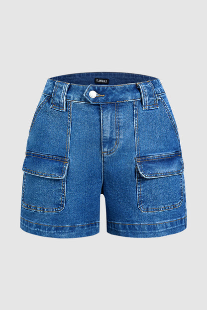 Wash Flap Pocket Mid Rise Denim Shorts