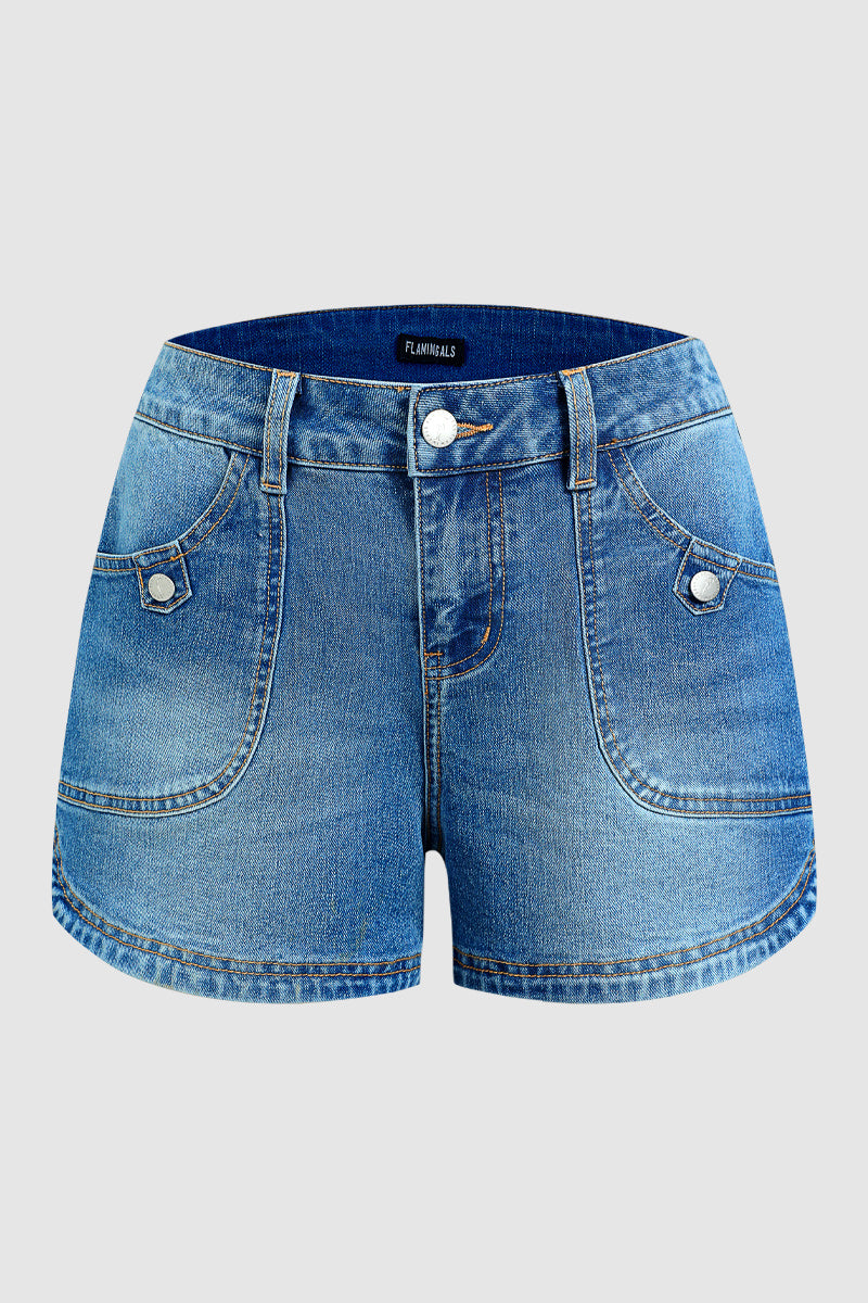 Wash Patch Pocket Split Side Mid Rise Denim Shorts