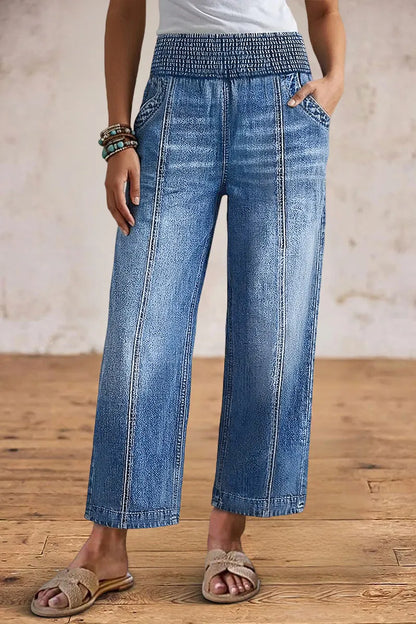 Wash Elastic High Waist Straight Leg Crop Jeans