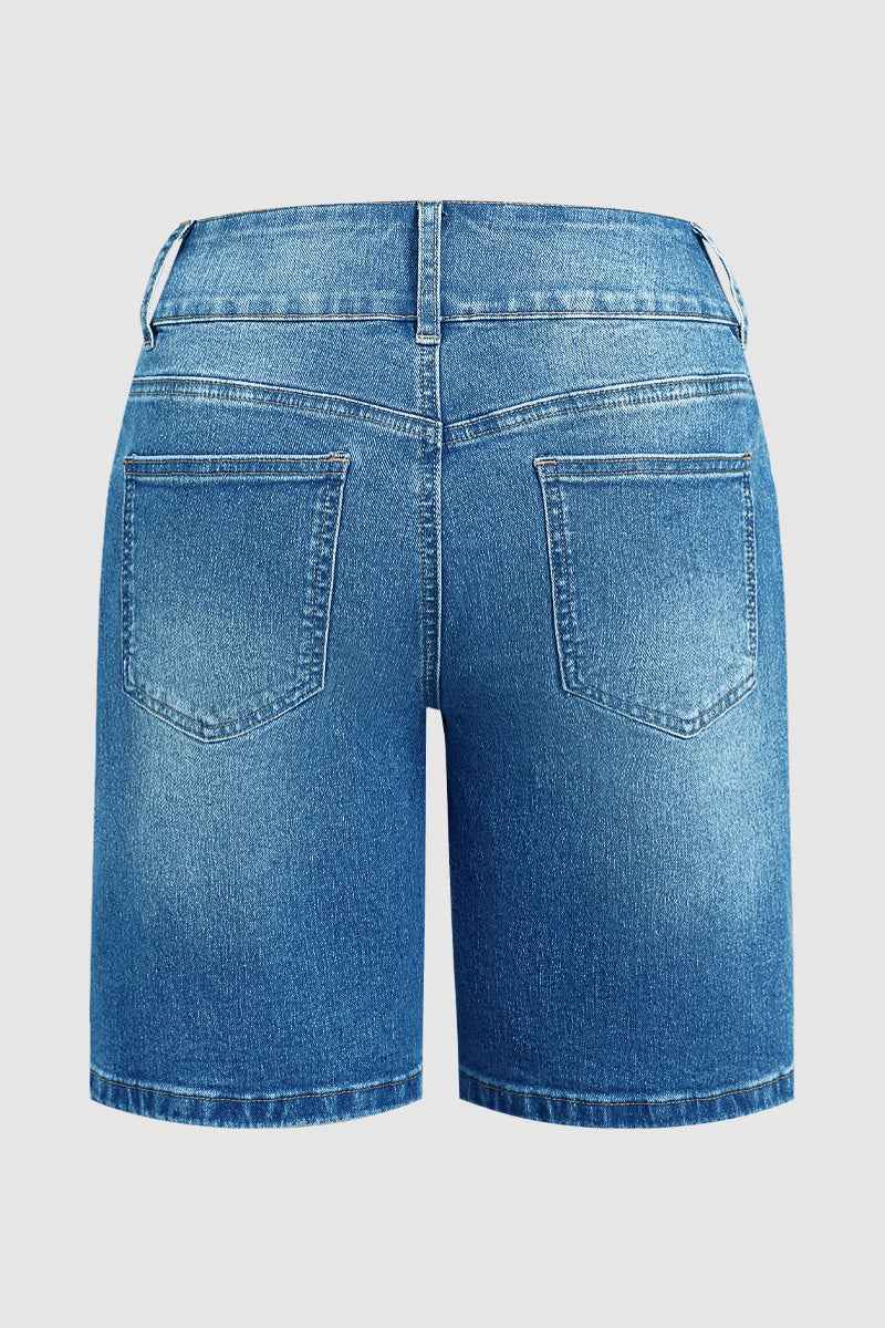 Asymmetrical Button Fly Mid Waist Denim Mid Thigh Shorts