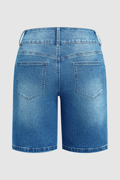 Asymmetrical Button Fly Mid Waist Denim Mid Thigh Shorts