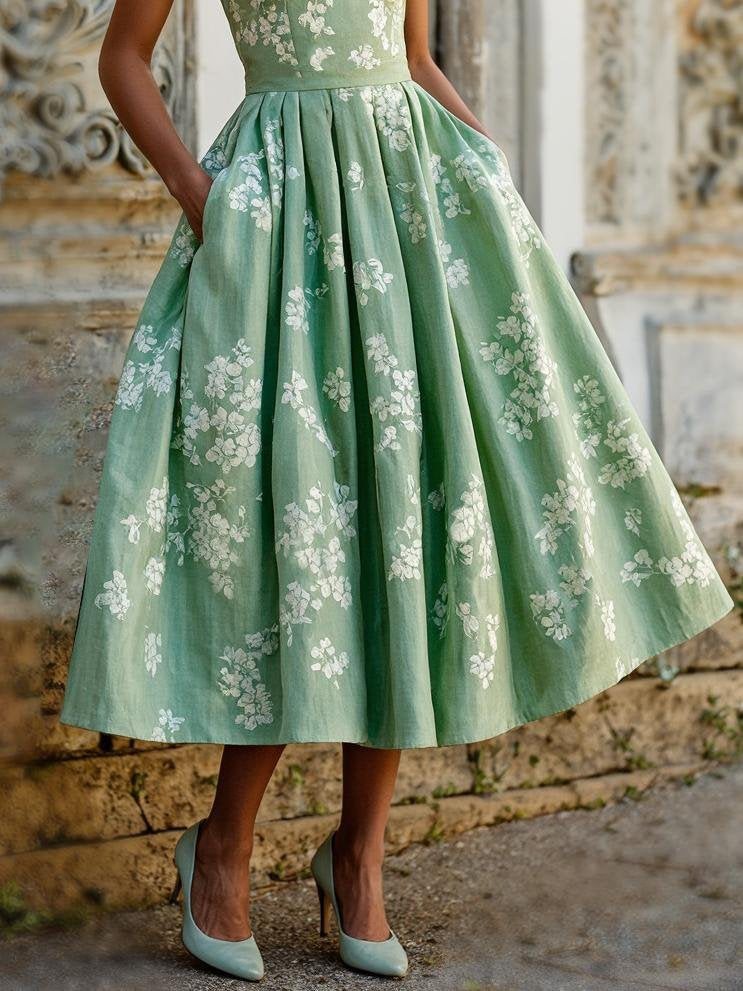 (TAILLES:TP-XXL) Robe Midi en Lin, Sans Manches, Mélange de Lin, Imprimé Floral, Renaissance
