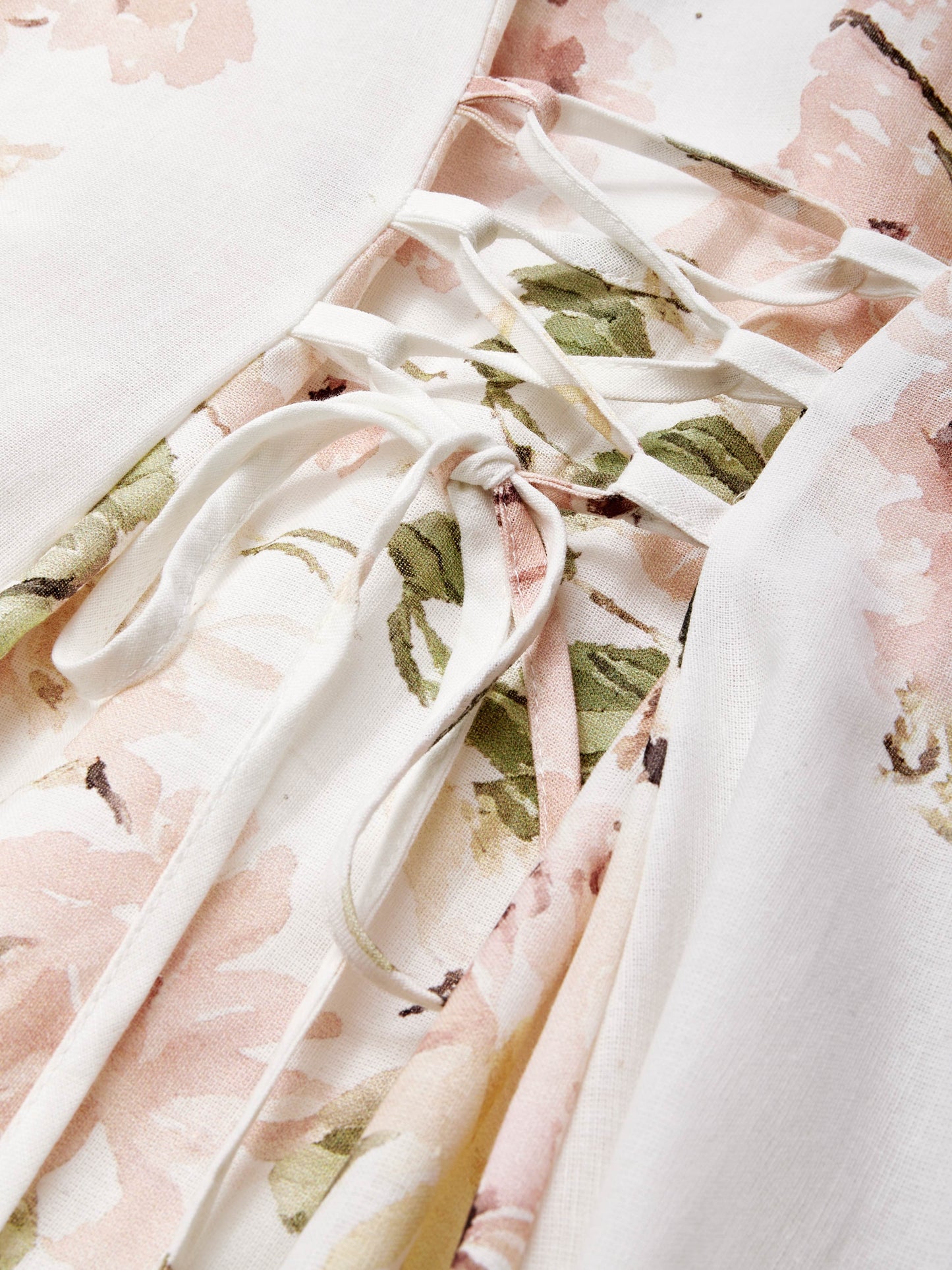 Robe longue en lin, col châle, boutonnée, style cottagecore, sans manches, mélange de lin, blanche, imprimé végétal