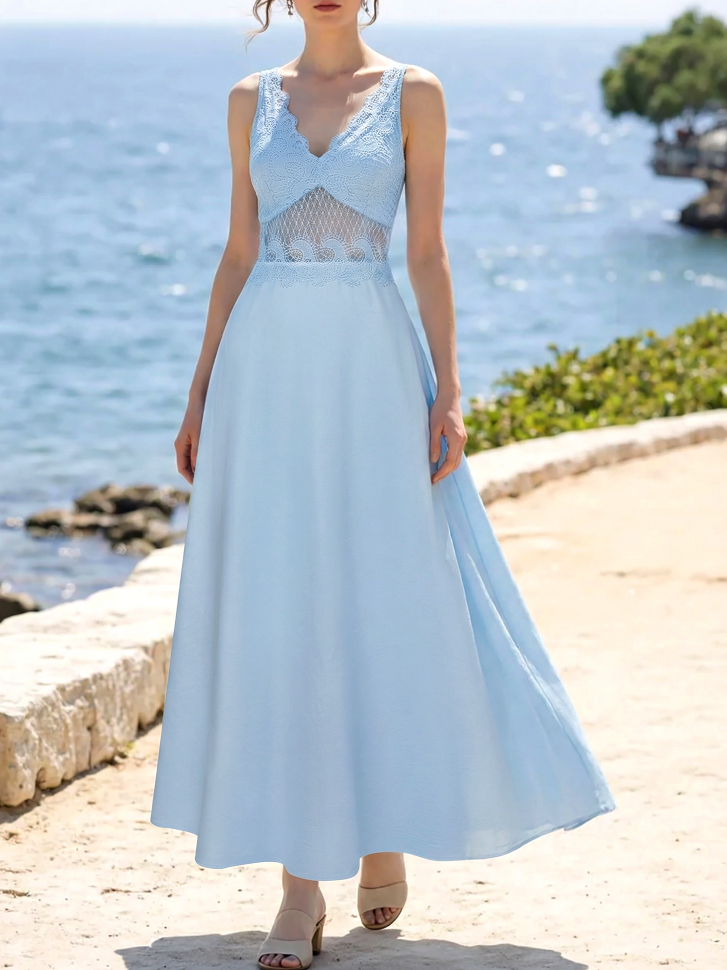 Robe longue en coton, sans manches, col en V, unie, dentelle, style vintage français, bleue