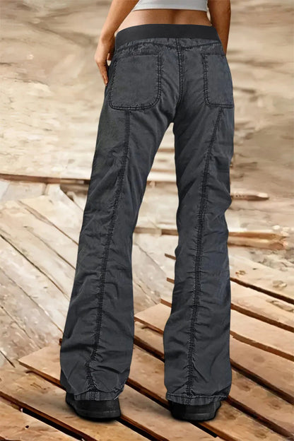 Solid Stitch Detail Mid Rise Straight Leg Cargo Pants Without Belt