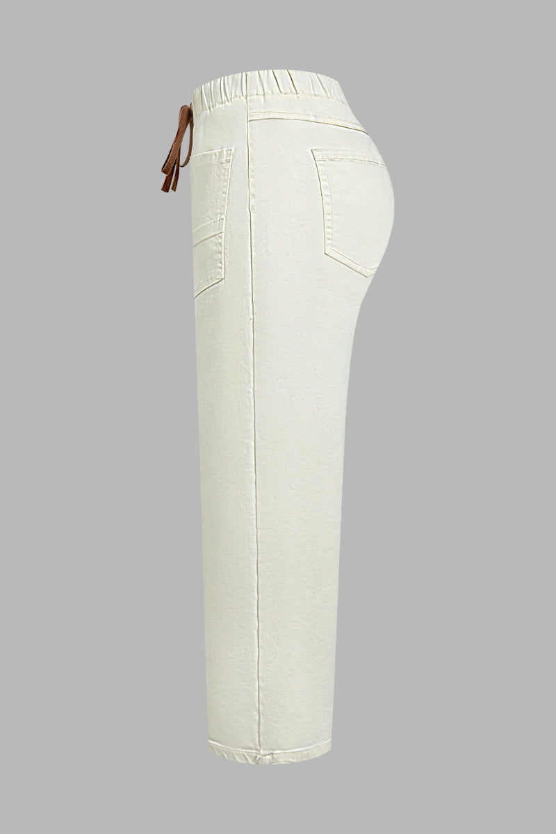 Solid Patch Pocket Drawstring Elastic Mid Waist Wide Leg Cropped Pants