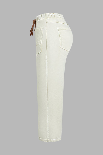 Solid Patch Pocket Drawstring Elastic Mid Waist Wide Leg Cropped Pants