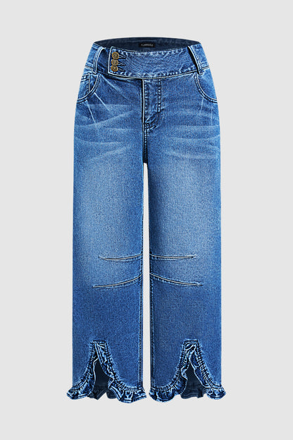 Wash Ruffle Hem Asymmetrical Mid Waist Wide Leg Cropped Jeans