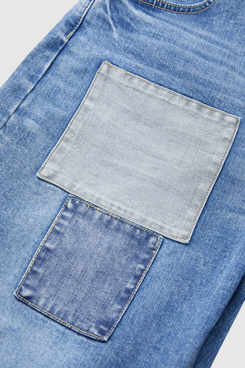 Patched Stitch Detail Barrel Leg Denim Overalls
