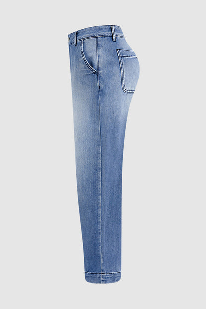 Wash Stitch Detail Mid Rise Barrel Leg Crop Jeans Without Belt