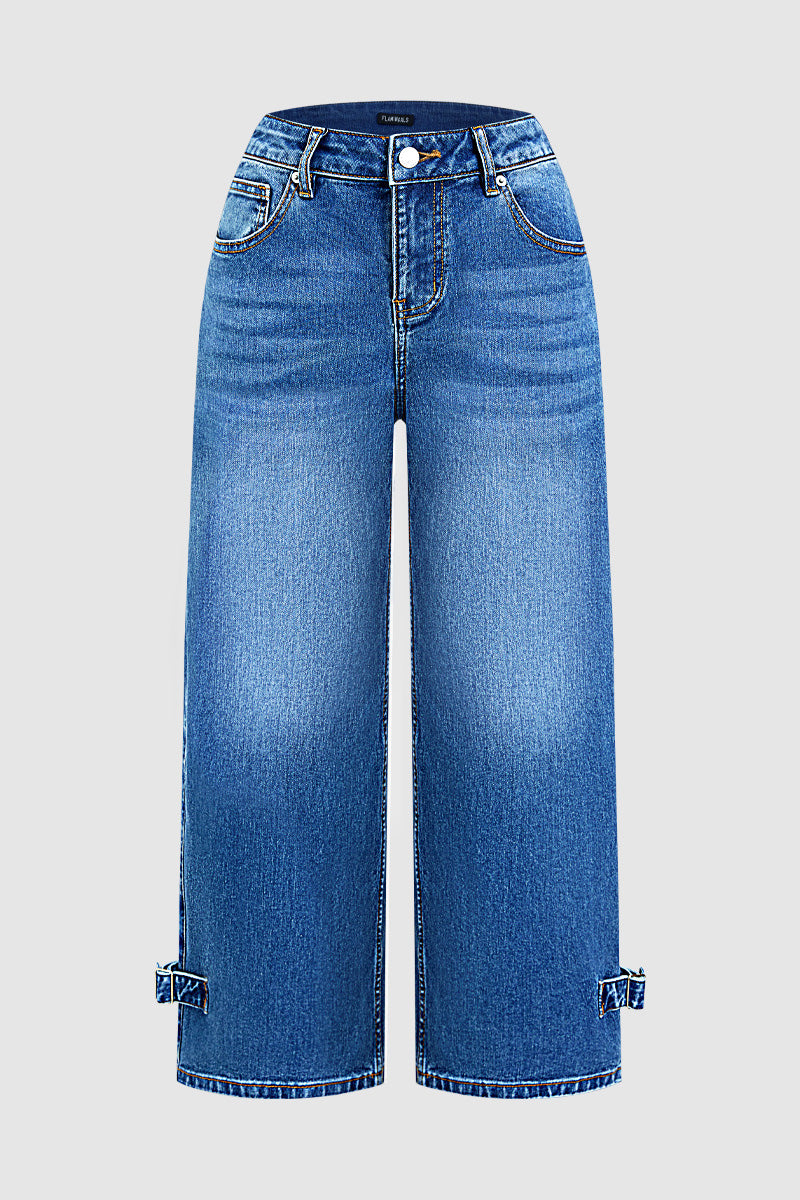 Wash Buckle Hem Mid Rise Wide Leg Crop Jeans