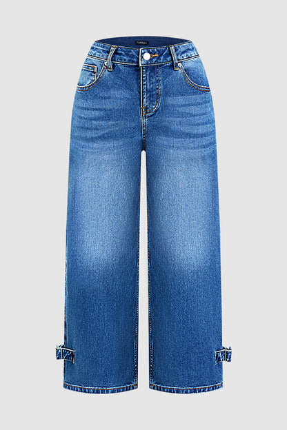 Wash Buckle Hem Mid Rise Wide Leg Crop Jeans