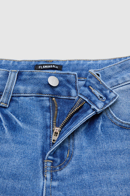 Wash Seam Front Roll Raw Hem Mid Rise Straight Leg Crop Jeans Without Belt