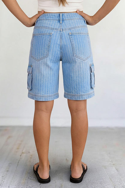 Pinstriped Flap Pocket High  Waist Denim Bermuda Shorts