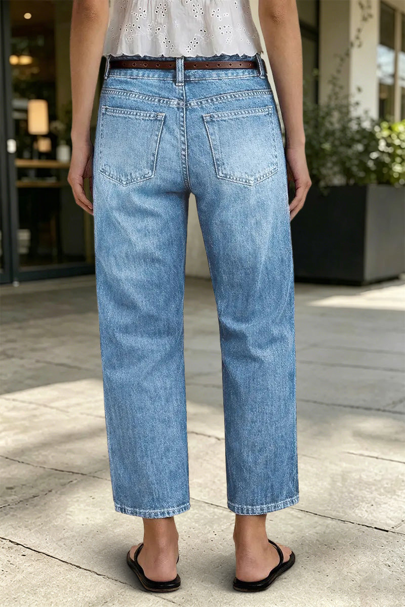 Wash Pleated High Rise Straight Leg Crop Jeans Without Belt