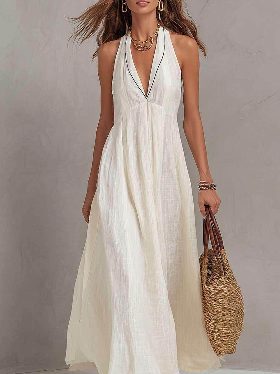 Robe longue trapèze minimaliste en lin à licou et col en V