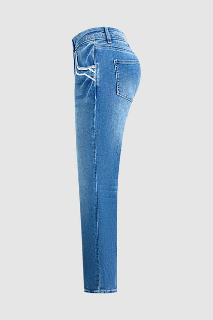 Wash Stitch Detail Mid Waist Straight Leg Jeans