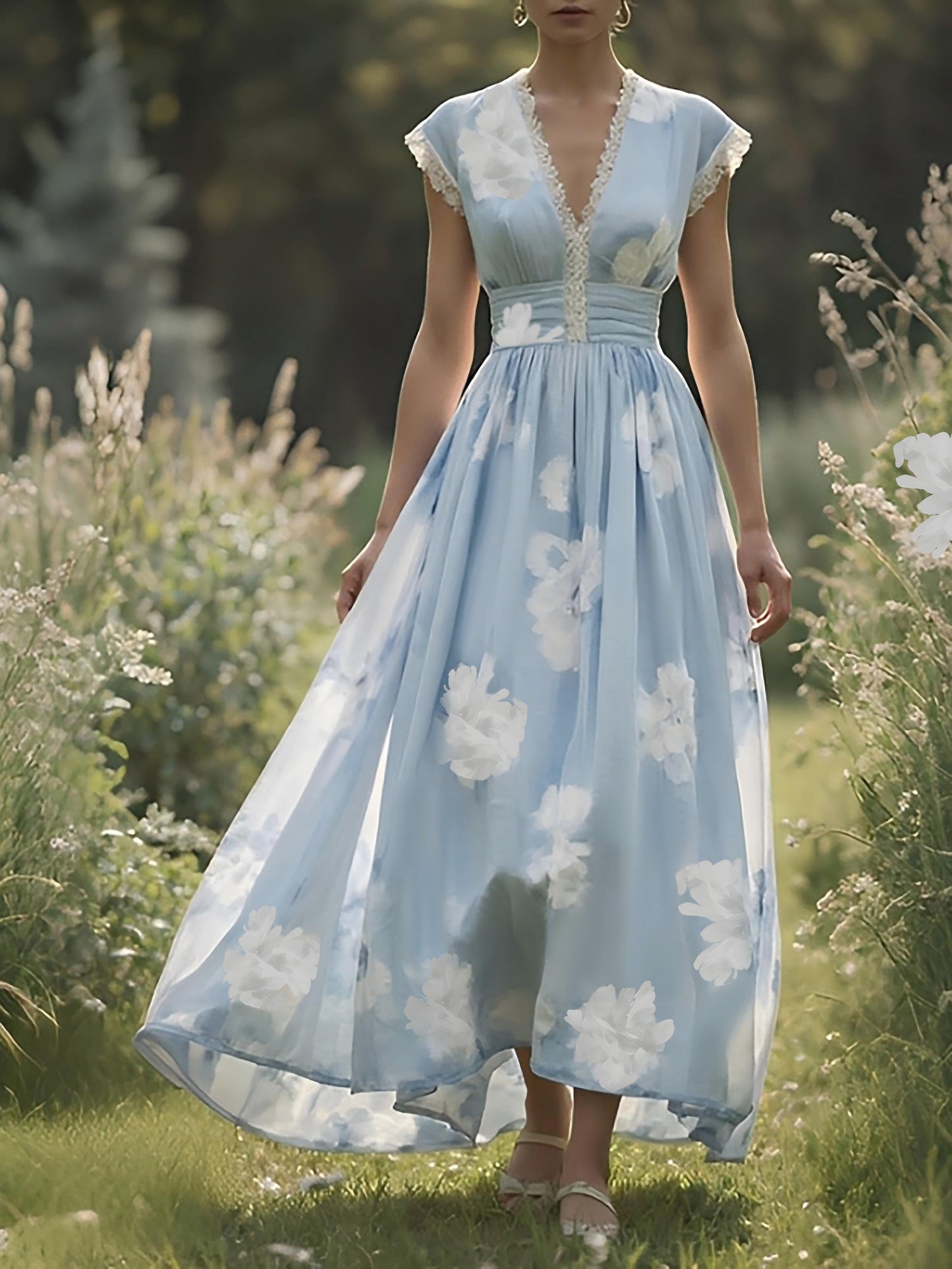 (TAILLES:XS-XXL)Robe longue en lin, sans manches, col en V, motifs floraux, style vintage, blanche