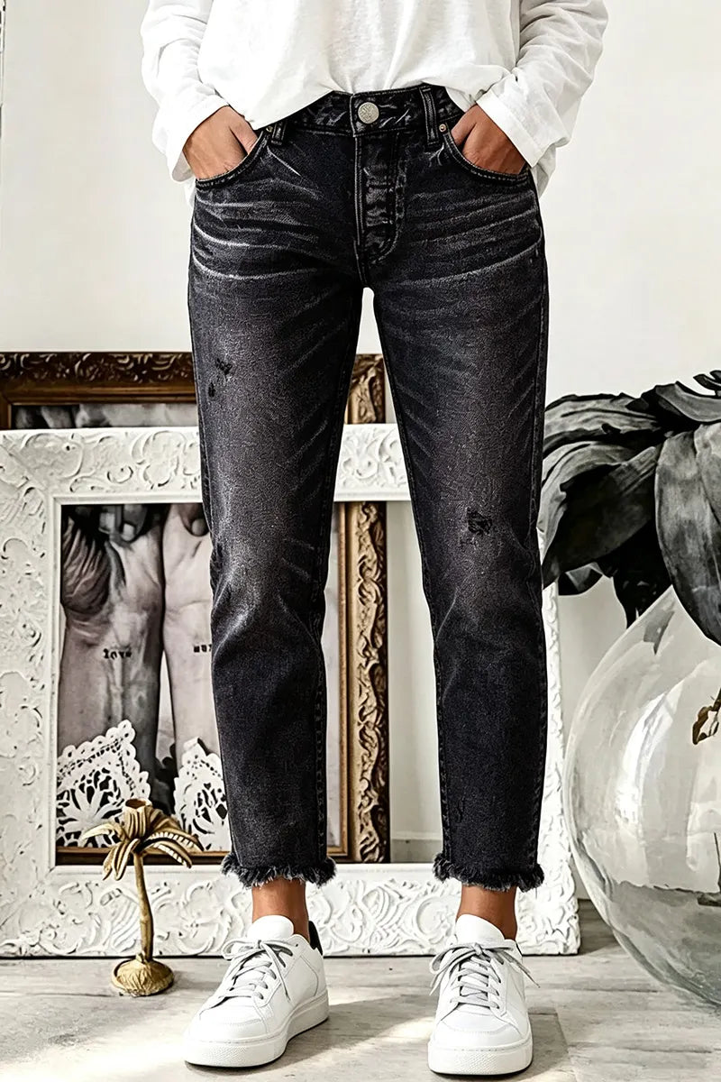 Wash Ripped Raw Hem Mid Rise Straight Leg Crop Jeans