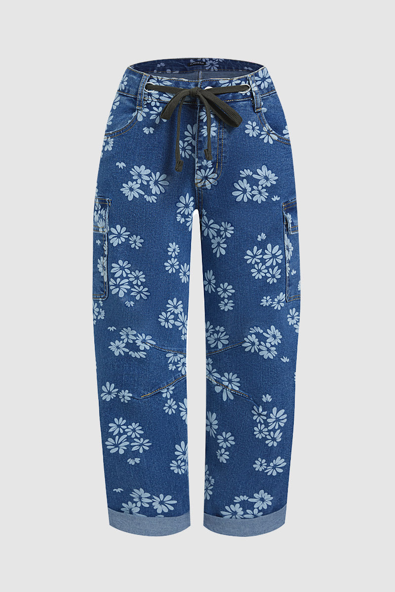 Floral Print Roll Hem Drawstring High Waist Barrel Leg Crop Jeans