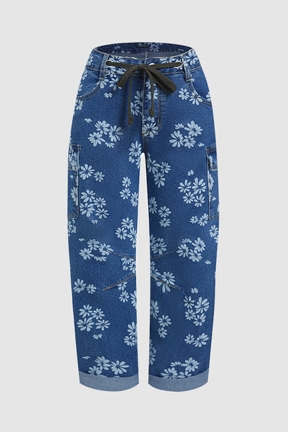Floral Print Roll Hem Drawstring High Waist Barrel Leg Crop Jeans