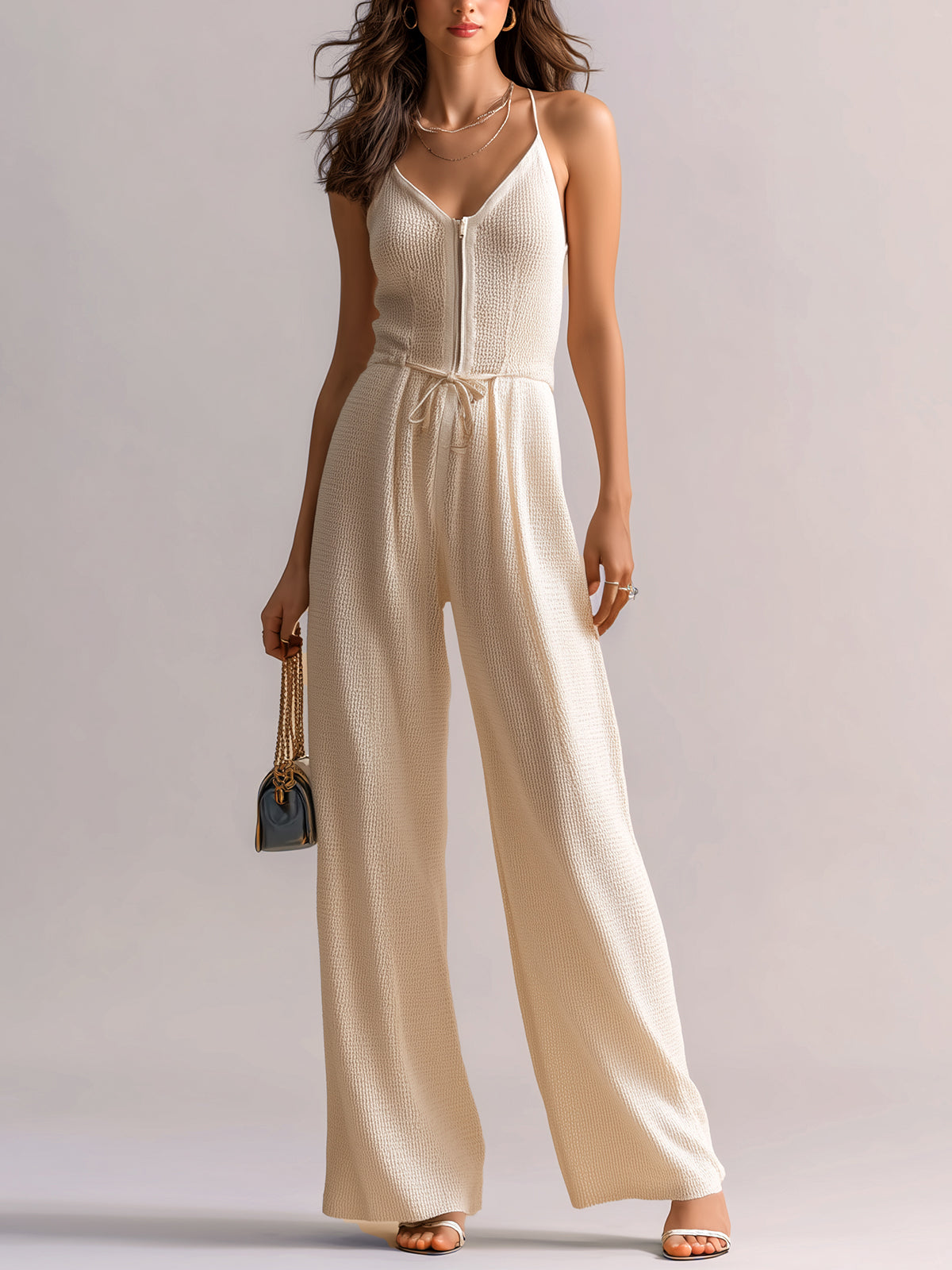 Chic Elegant Beige V-Neck Zipper-Front Sleeveless Cami Drawstring Waist Wide-Leg Knit Jumpsuit