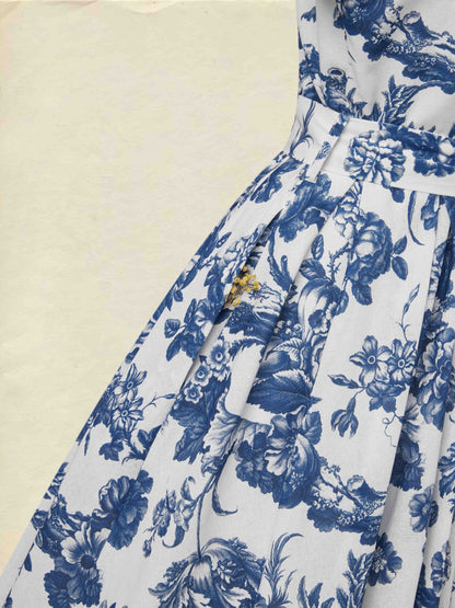 Robe midi en lin, manches courtes, col châle, florale, vacances, vintage, bleue