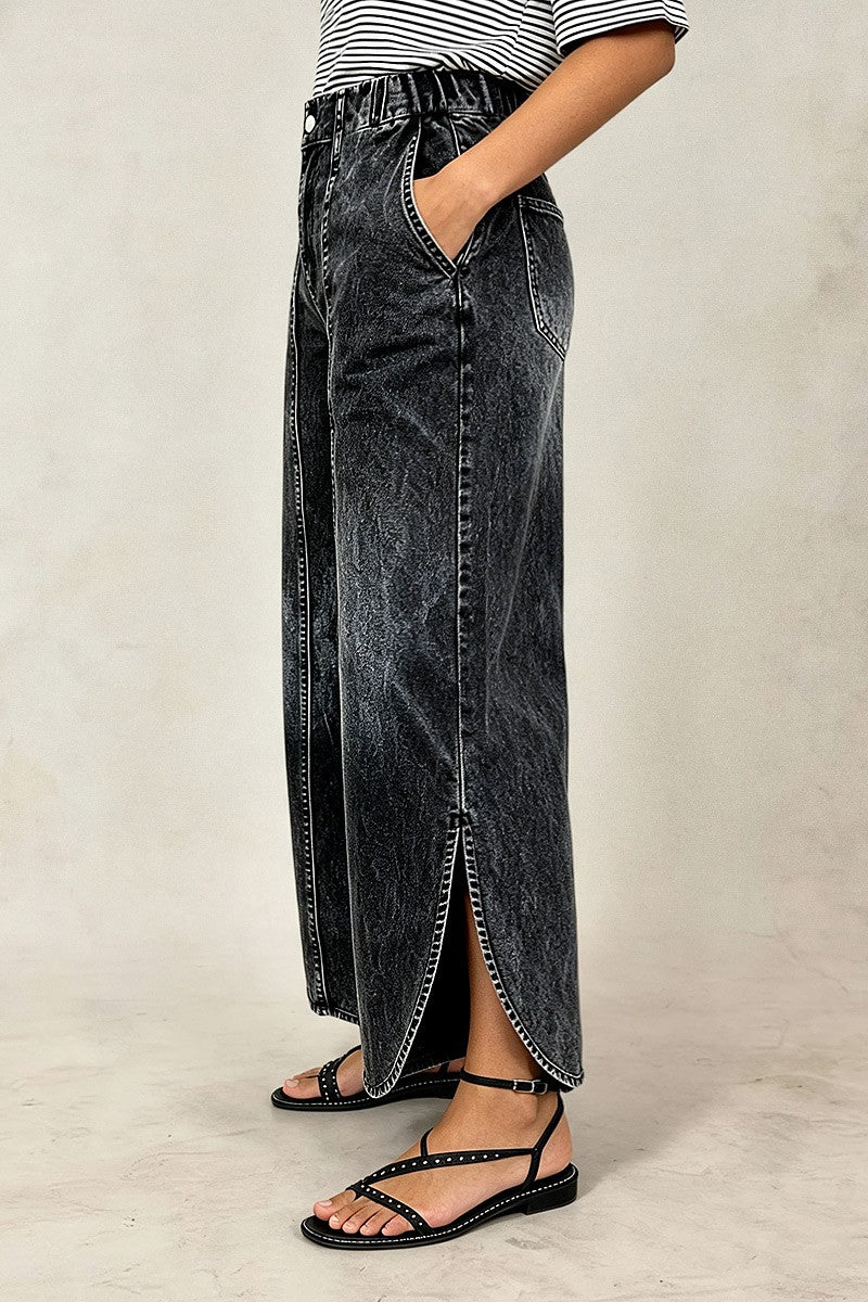 Wash Split Stitch Detail Wide Leg High Waist Jeans