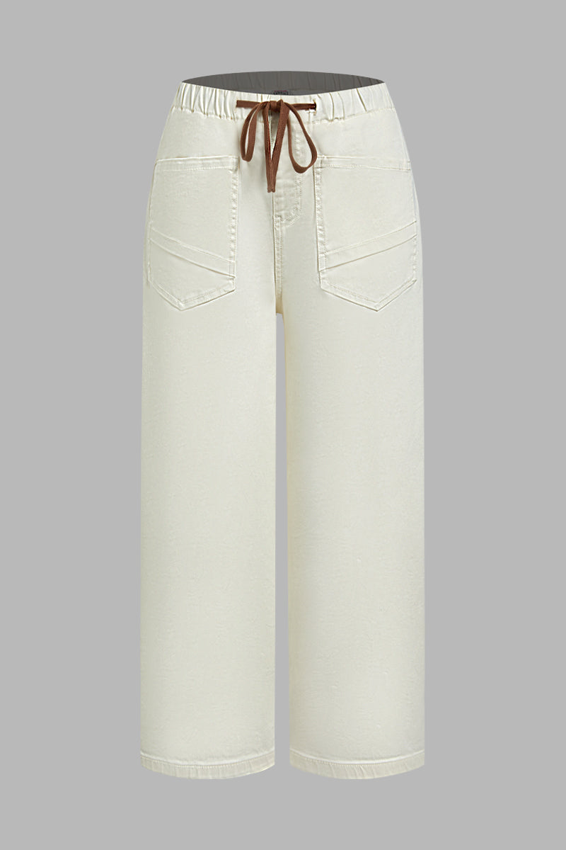Solid Patch Pocket Drawstring Elastic Mid Waist Wide Leg Cropped Pants