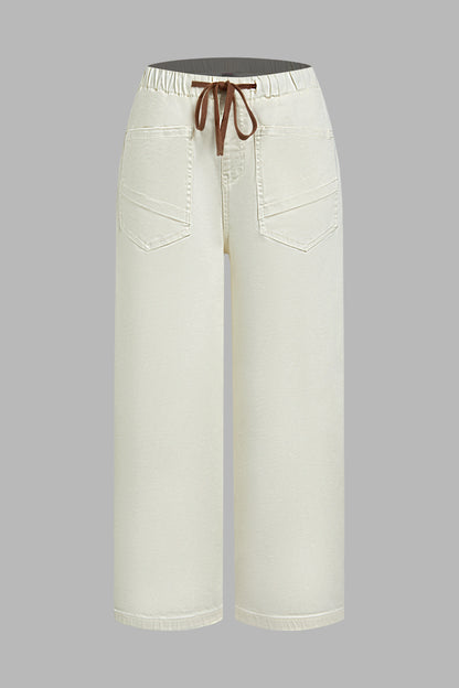 Solid Patch Pocket Drawstring Elastic Mid Waist Wide Leg Cropped Pants