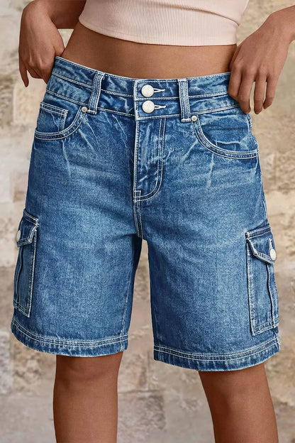 Wash Flap Pocket Dual Button Mid Rise Cargo Denim Bermuda Shorts