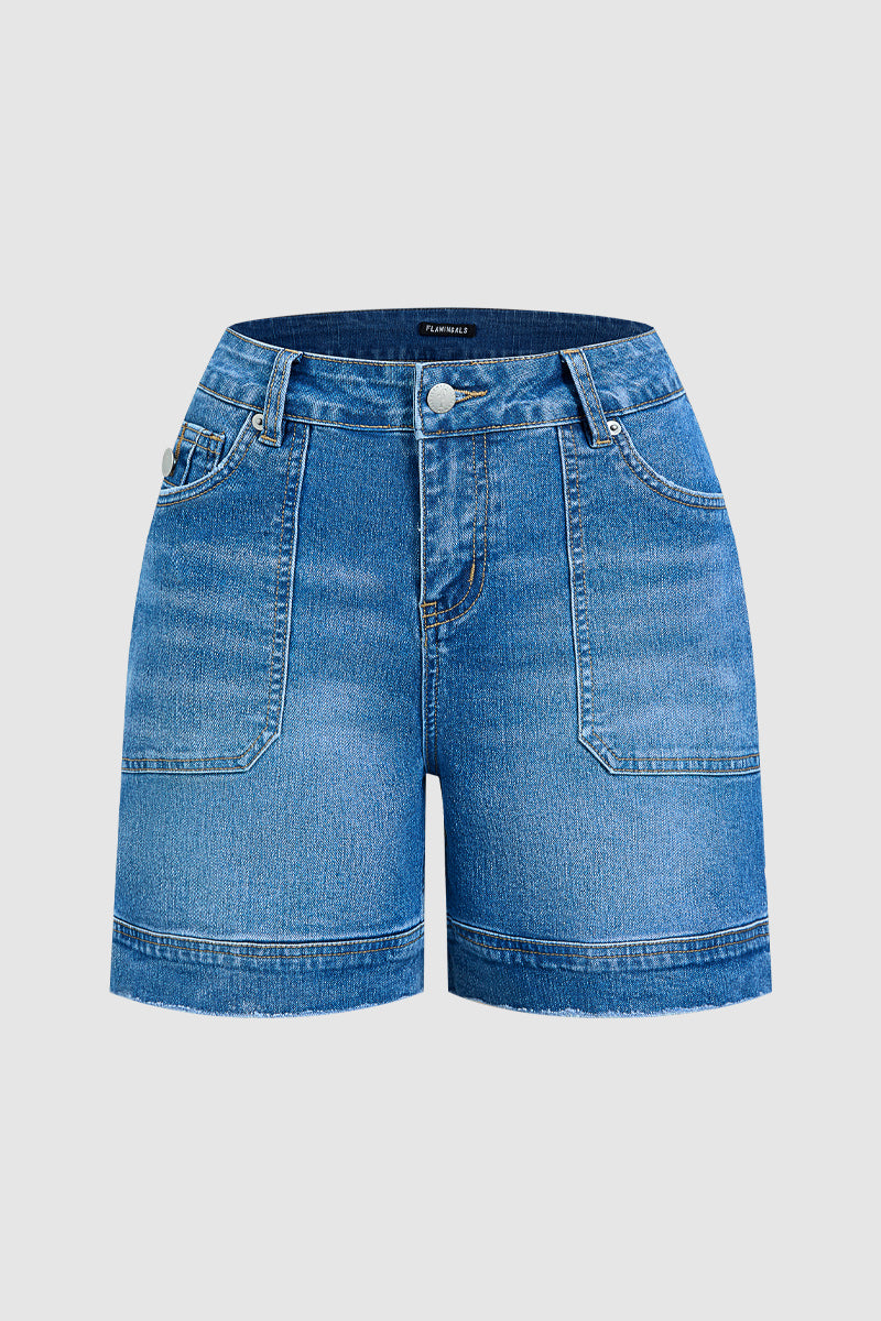 Wash Split Mid Waist Denim Mid Thigh Shorts Without Belt