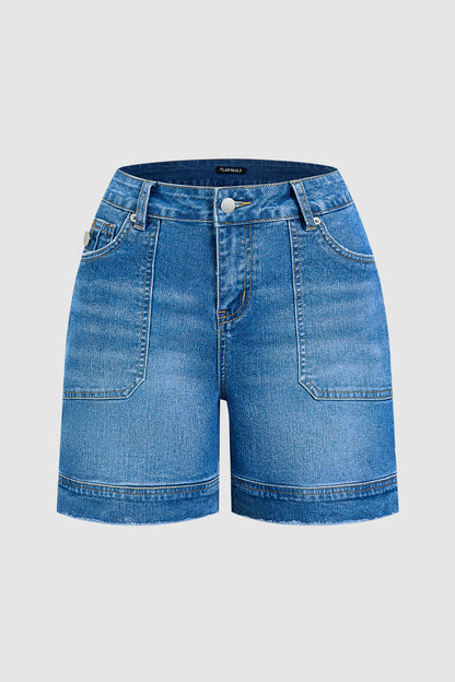 Wash Split Mid Waist Denim Mid Thigh Shorts Without Belt