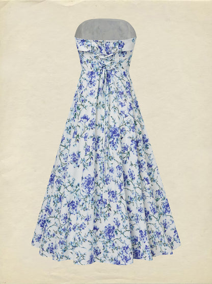Robe longue en coton, sans manches, à fleurs, vacances, vintage, bleue