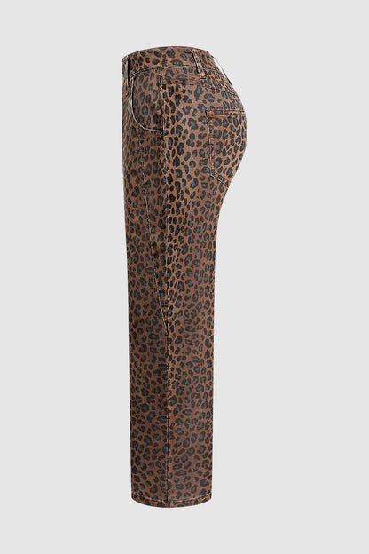 Leopard Print Seam Detail Mid Rise Straight Leg Crop Pants
