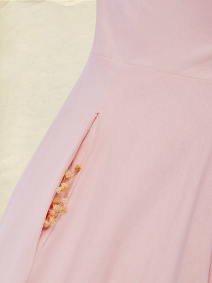 Ensemble robe longue en coton, manches mi-longues, col rond, fleuri, poches, vintage français, rose clair