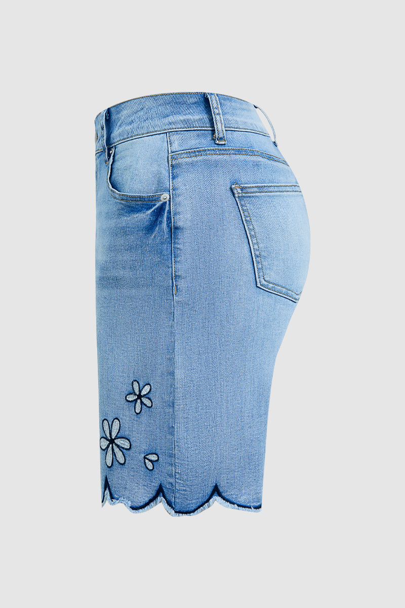 Floral Embroidery Scallop Trim Mid Rise Denim Bermuda Shorts