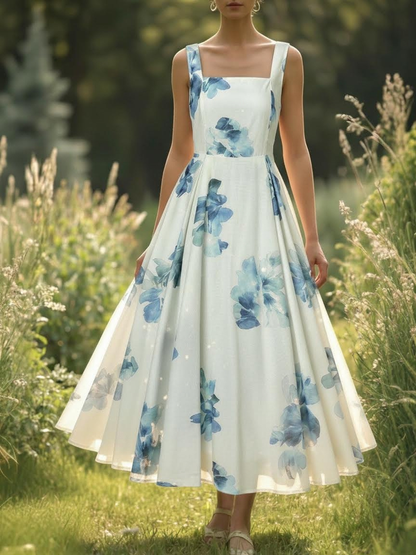 Robe longue en coton, sans manches, col carré, à fleurs, avec poches, vacances, vintage, blanc