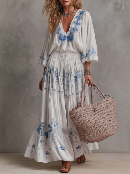 Robe longue bohème col en V brodée de fleurs