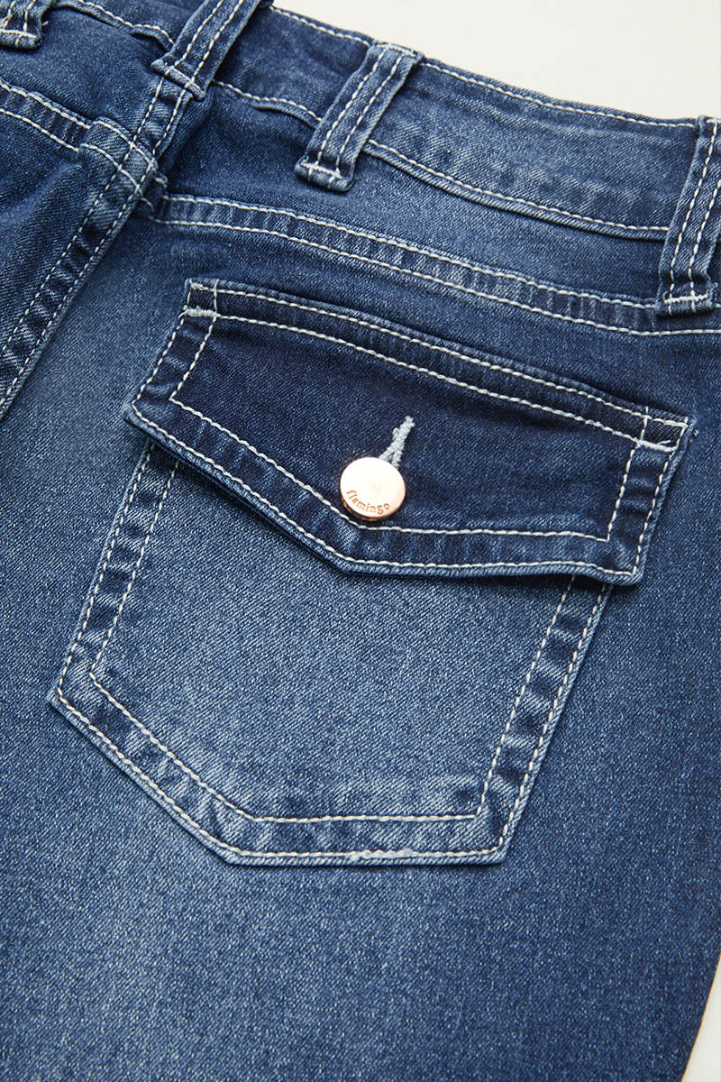 Wash Mid Waist Buttoned Hem Bootcut Jeans Without Belt