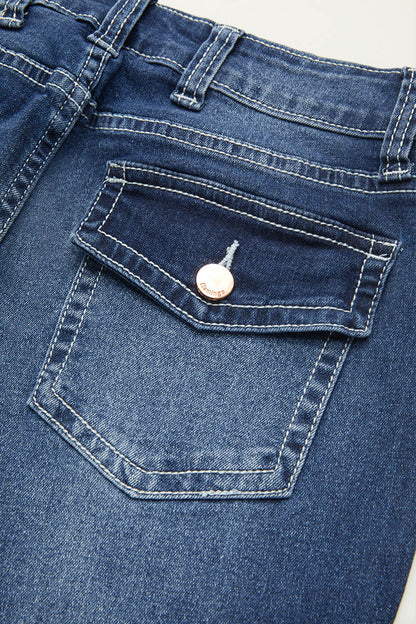 Wash Mid Waist Buttoned Hem Bootcut Jeans Without Belt