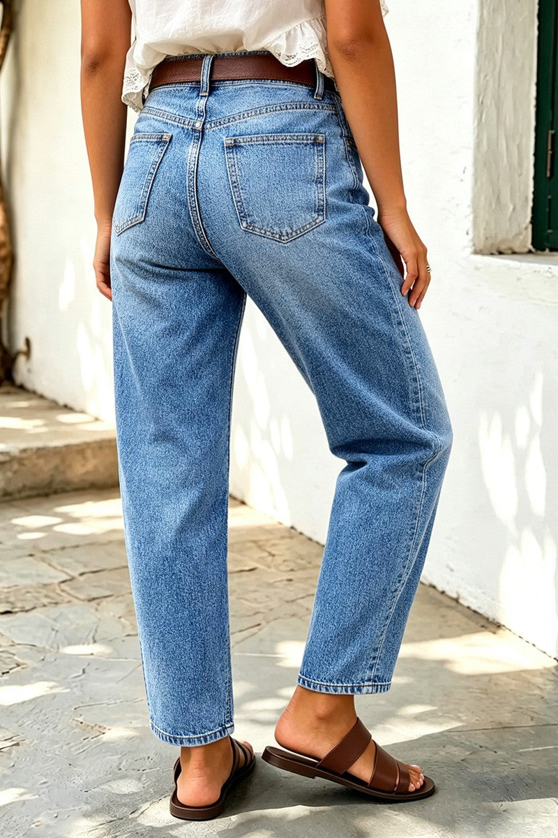 Wash Front Button Ripped Mid Waist Barrel Leg Crop Jeans Without Belt